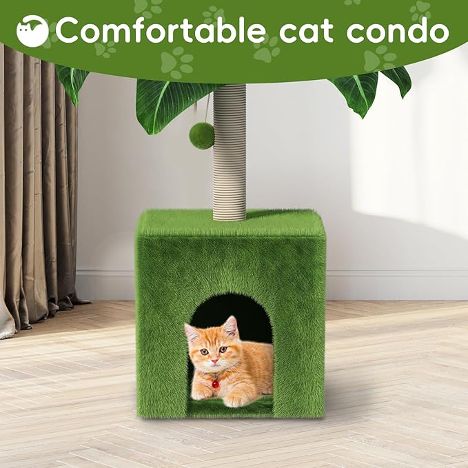 Cat Scratching Post with Condo, Palm Cat Tree Tower Natural Sisal Cat Scratcher Cat Bed Cat Furniture for Kittens and Cats - PAWPICO