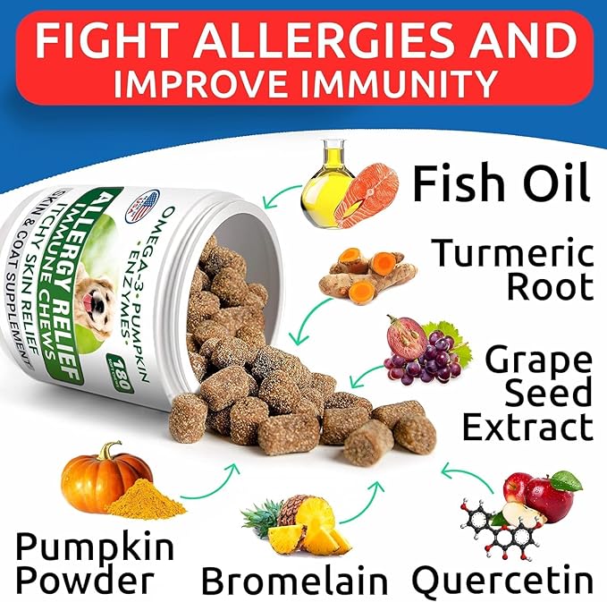 BARK&SPARK Dog Allergy Relief Chews (180 Immune Treats) - Anti-Itch Skin & Coat Supplement - Omega 3 Fish Oil - Itchy Skin Relief Treatment Pills - Itching&Paw Licking - Dry Skin & Hot Spots BARKSPARK