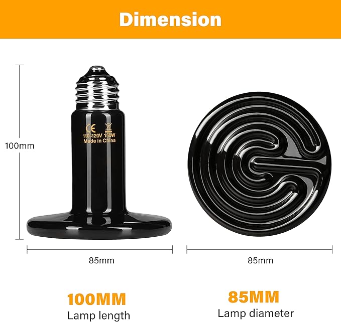 HealSmart Reptile Heat Lamp Bulb Ceramic Heat Emitter 150W No Light Emitting Brooder Coop Heater for Amphibian Pet & Incubating Chicken, Black HealSmart