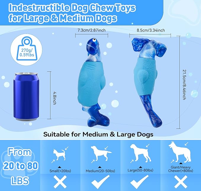 Dog Toys for Aggressive Chewers, Interactive Dog Chew Toys for Large Dogs, Indestructible Squeaky Dog Toys to Keep Them Busy, Tough Dog Toys for Medium/Large Breed Dogs (Deep Blue, Hammerhead Shark) - PAWPICO