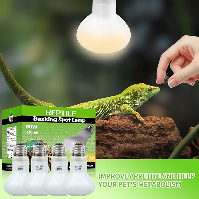 LUCKY HERP 4 Pack 50W Reptile Heat Lamp Bulb (2nd Gen), Amphibian Basking Light Bulb, Reptile Daylight Bulb for Turtle, Bearded Dragon, Lizard Heating Use LUCKYHERP
