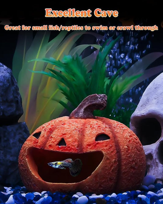 Uniclife Halloween Aquarium Decoration Resin Pumpkin House Ornament Halloween Fish Tank Pumpkin Decoration for Aquarium Landscape Reptile Hideout Hideaway Spawning Cave for 5-20 Gallon Fish Tanks UnicLife