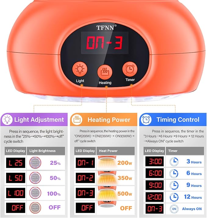 Chicken Coop Heater Lamps,200W-350W-500W Reptile Heating Lamp Upgraded with UVA UVB Ligh 3-6-9-12H Timer,Protable Greenhouse Heater for Outdoor Chicken Coop for Reptile Rabbits Dog Cats (Orange) TFNN