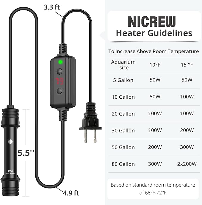 NICREW Aquarium Heater 50W, Temperature Adjustable Fish Tank Heater with Controller for 5-10 Gallon, Overheat Protection NICREW