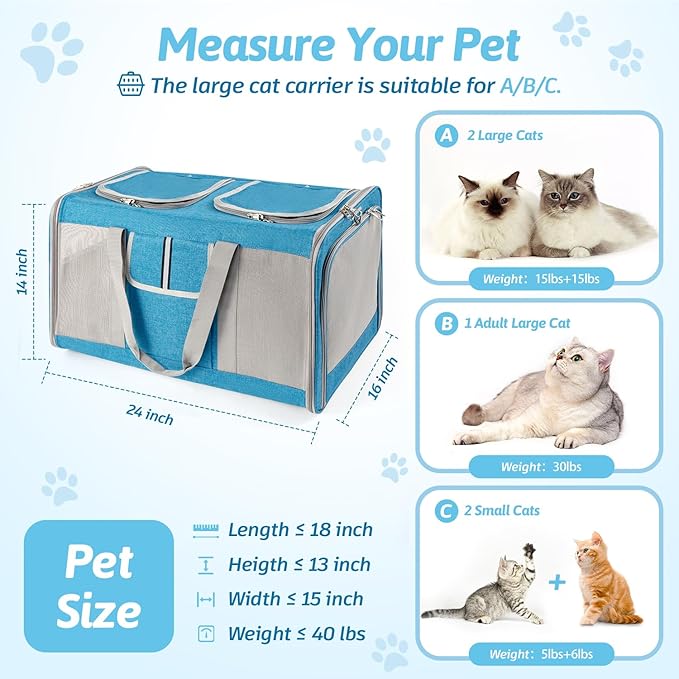 Sedioso Large Cat Carrier for 2 Cats, 24x 14x 16in Pet Carrier for Cat and Dog Up to 40lbs, All-Sided Mesh Large Cat Carrier with Great Ventilation, Portable Soft Sided Pet Carrier for Traveling - PAWPICO