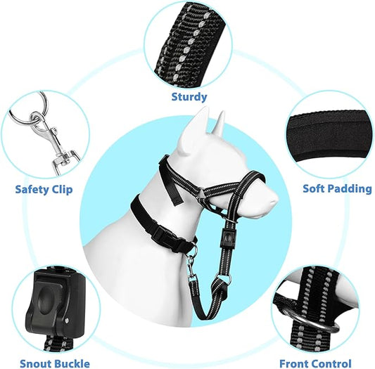BARKLESS Soft Dog Head Collar, Padded No Pull Head Halter, Training Nose Leash with Safety Link for Medium Large Dogs, Adjustable Muzzle Leash, Easy Control for Walking Barkless