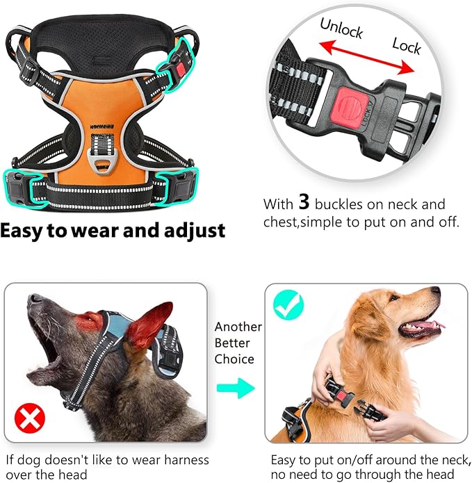 Timos Dog Harness Medium Sized, No Pull Dog Harness with Neck Lockable Snap,No Choke Front Clip Dog Reflective Harness,Adjustable Metal Rings 3 Buckles,Easy Control Handle for Medium Dogs Orange M Timos