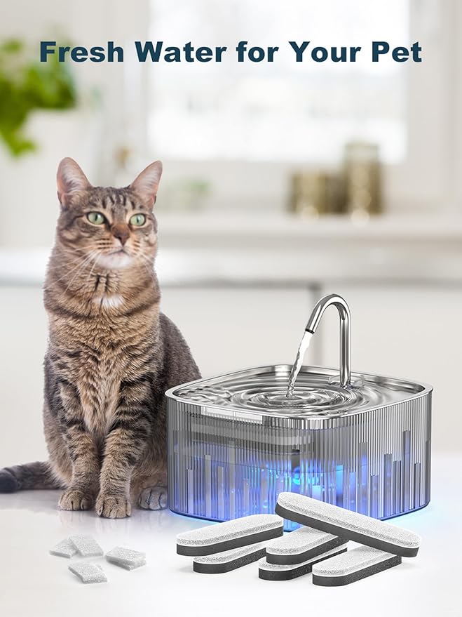 Cat Water Fountain: 75oz/2.2L Automatic Pet Water Dispenser for Cats with 304 Stainless Steel Top, Musical Wave Design with LED Indicator Pet Water Fountain for Cats Inside (6+6 Pack Filters) - PAWPICO