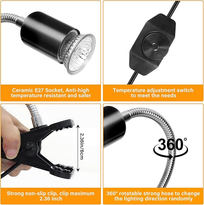 Reptile Heat Lamp with 2 Pcs 50W UVA UVB Light Bulb, 360° Rotatable Basking Spot Light Simulated Sunlight, Dimmable Heating Lamp for Turtle, Lizard, Snake, Beared Dragon, Amphibians DUMILOO