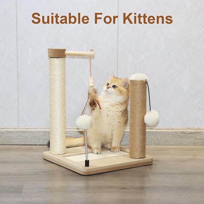 PAWSFANS Small Cat Scratching Post Toys,Sisal Jute 2 Scratch Posts for Kittens and Cats,Hanging Ball with Feather Spring Ball 16inches Beige - PAWPICO