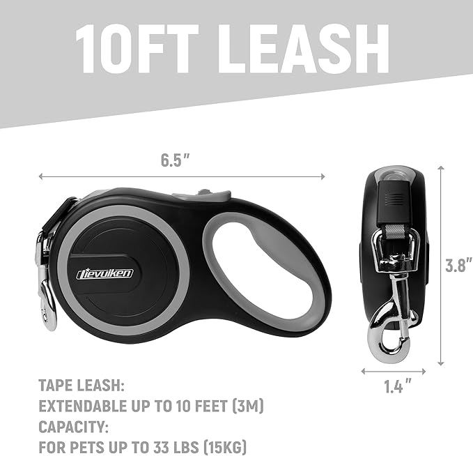 10 FT Retractable Dog Leash with No Tangle for Dog up to 33lbs, One-Handed Brake, with Non-Slip Handle, Strong Nylon Tape for Small and Medium Dogs LIEVUIKEN
