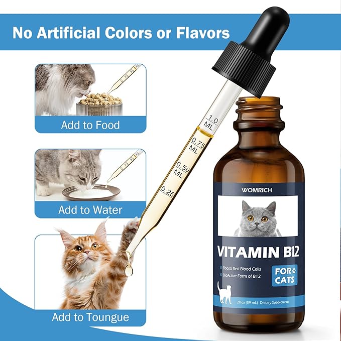 Vitamin B12 for Cats | Methylcobalamin Supplement | Boosts Red Blood Cell Formation, Energy, Nervous System & Appetite, Treats Pancreatitis | 2 fl oz Dropper WOMRICH