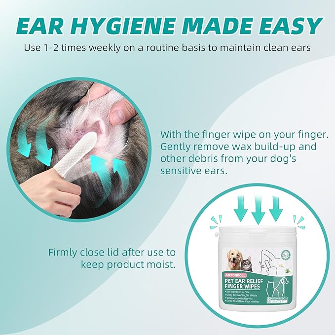 Dog Ear Cleaner Finger Wipes - Cat Ear Cleaner Wipes Grooming Pet Supplies Reduce Dirt Wax, Debris Soothes & Deodorizes, Fresh Coconut Scent 50 Counts ANTONDOLL