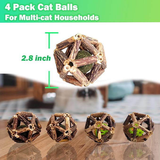 Cat Toys, 4 Packs Catnip Ball Toys, Nature Silvervine Stick Cage Cat Bell Balls, Catnip Toys for Cleaning Teeth, Relaxing Cats, for All Breeds - PAWPICO