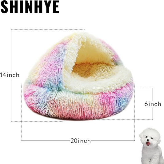 ShinHye Cat Bed Round Plush Fluffy Hooded Cat Bed Cave, Cozy for Indoor Cats or Small Dog beds, Soothing Pet Beds Doughnut Calm Anti-nxiety Dog Bed - Waterproof Bottom Washable (20×20inch, Multicolor) - PAWPICO
