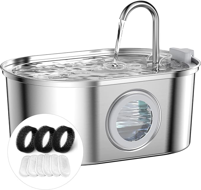 Cat Water Fountain Stainless Steel: with 6 Carbon Filter + 3 Sponge - 108oz/3.2L pet Water Fountain - Water Fountain for Cats Inside with Water Level Window Quiet Pump Faucet cat Fountain - SOOFPET - PAWPICO