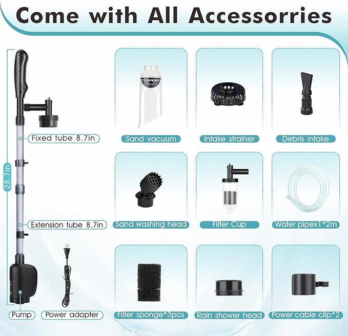 AQQA Aquarium Vacuum Gravel Cleaner Electric Fish & Turtle Tank Water Changer 6 in 1 Multi-Functional Aquarium Cleaning Tools Set for Water Cleaning & Circulation (20W, 320GPH) AQQA