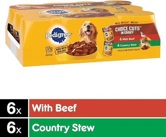 PEDIGREE CHOICE CUTS IN GRAVY Adult Canned Soft Wet Dog Food Variety Pack, with Beef and Country Stew, 13.2 oz. Cans (Pack of 12) - PAWPICO