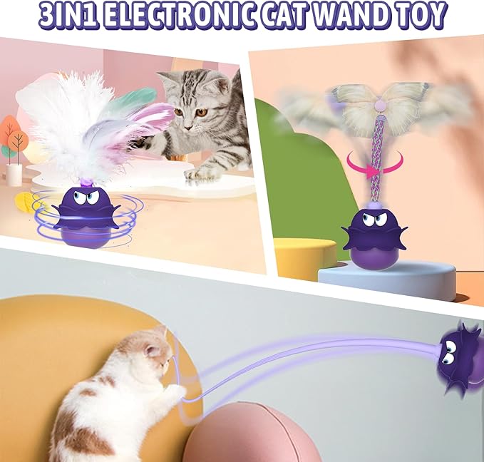 LEWISER Cat Toys Monster, 3in1 Rechargeable Automatic Interactive Cat Toy for Indoor Cats Exercise, Real Feathers, Silicone and Butterfly Tail, LED Lighting, Mice Squeak Chirping, Purple - PAWPICO