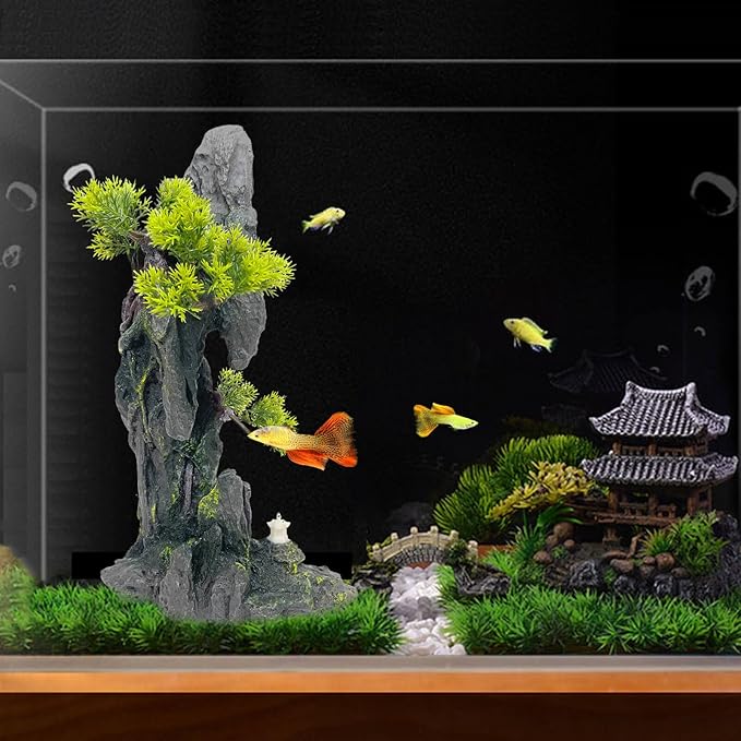 Tall Aquarium Mountain View Stone Decorations Aquarium Ornament Rock Cave Landscape Artificial Mountain Hill View Fish Tank Caves for Betta Hiding Reptile Aquarium Supply VMCN