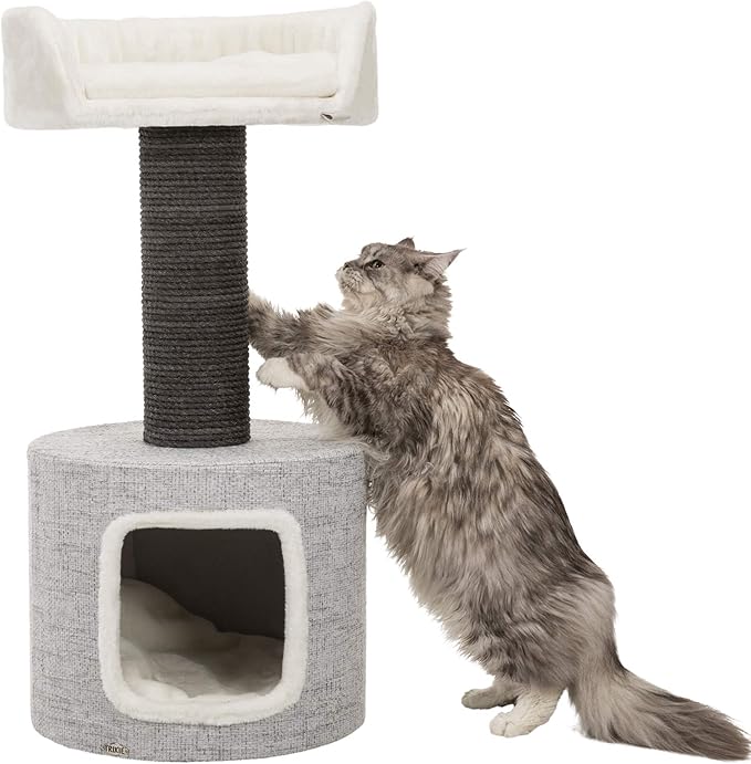 TRIXIE Fonda Cat Scratching Post 39 Inch - Cat Scratcher with Soft Fabric Covering Base and Durable Sisal Rope - for Large Cats with Condo Base and Platform - in Gray - PAWPICO