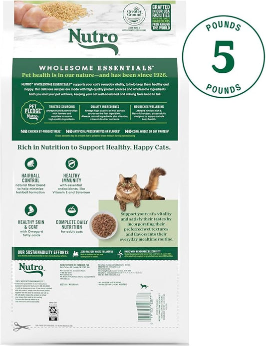 NUTRO WHOLESOME ESSENTIALS Natural Dry Cat Food, Hairball Control Adult Cat Chicken & Brown Rice Recipe Cat Kibble, 5 lb. Bag - PAWPICO