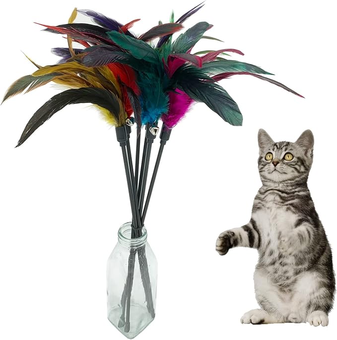 Cat Wand Toy Feather Stick Cat Toys, 7 PCS Cat Feathers Toy Wand, Interactive Cat Toy Feather Wand for Indoor Cats - PAWPICO