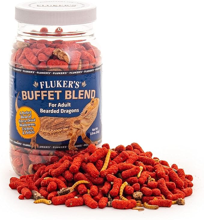 Fluker's Buffet Blend Adult Bearded Dragon Diet, Mealworms, Crickets and Pellets, 2.9 oz Flukers