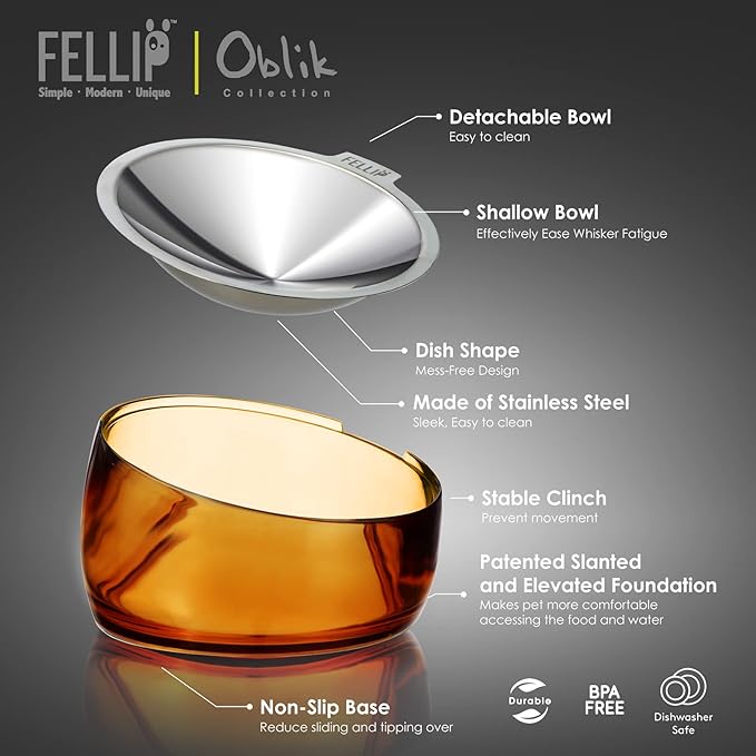 Felli Pet Oblik Anti Whisker Fatigue & Regurgitation Raised Cat Food Water Bowl, Tilted Stainless Steel Shallow Dish Dishwasher Easy Clean, Elevated Dry Wet Metal Feeder Slanted Plate (0.5Cups, Gold) - PAWPICO