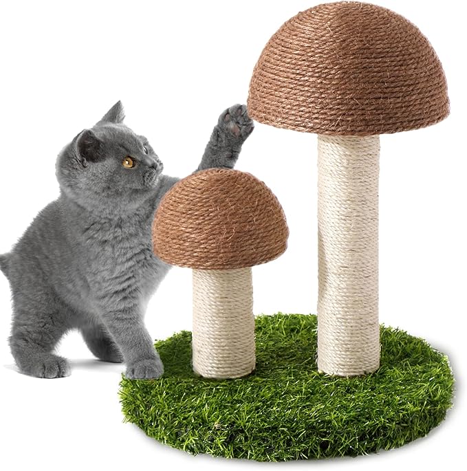 Cat Scratching Post - Mushroom Cat Scratcher Featuring with Natural Sisal Caps Scratch Pole and Sturdy Base for Kittens & Small Cats - Brown - PAWPICO