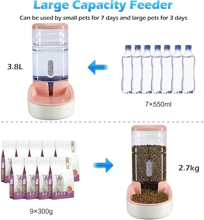 Automatic Dog Cat Feeder and Water Dispenser Gravity Food Feeder and Waterer Set with Pet Food Bowl for Small Medium Dog Puppy Kitten, Large Capacity 1 Gallon x 2(Pink) - PAWPICO