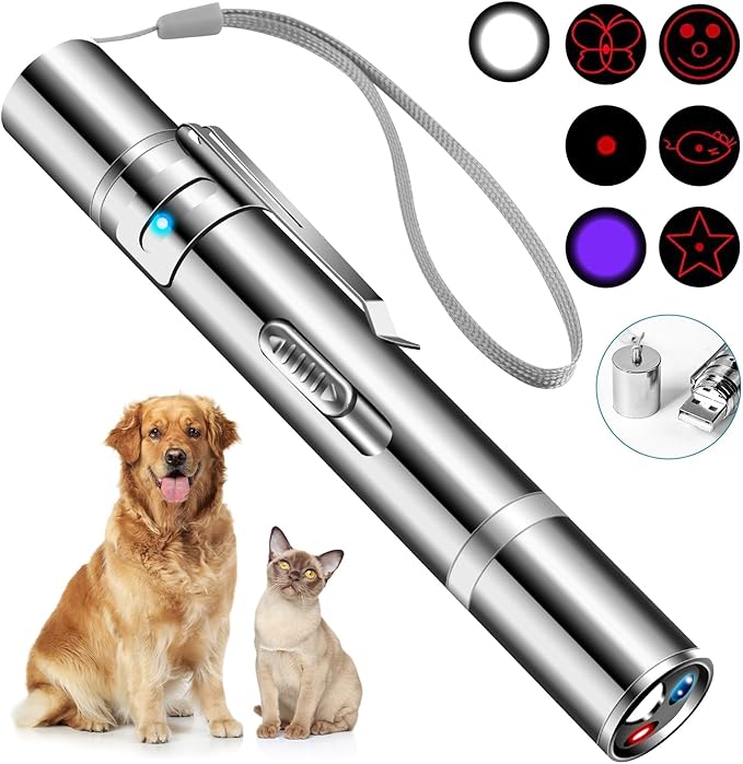 Cowjag Cat Toys, Laser Pointer with 5 Adjustable Patterns, USB Recharge Laser, Long Range and 3 Modes Training Chaser Interactive Toy, Dog Laser Toy - PAWPICO