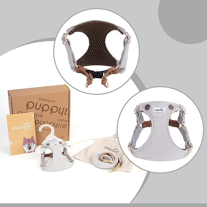 Puppytie No Pull xs Dog Harness with Multifunction Dog Leash,Soft Adjustable No Choke Escape Proof Pet Harness Vest,Denim Gray,XXS Puppytie
