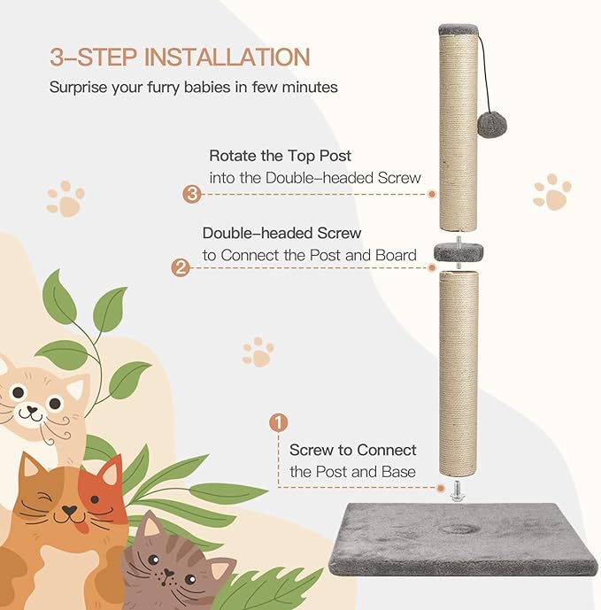 29 Inches Cat Scratching Post, Cat Scratch Post Kitten Scratcher with Sisal Rope, Scratching Post for Indoor Cats with Hanging Ball - PAWPICO