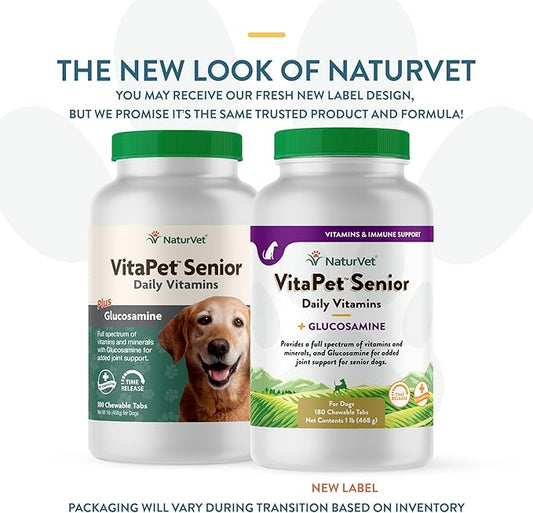 NaturVet VitaPet Senior Daily Vitamins Plus Glucosamine, Dog Multivitamin Supplement, Chewable Tablets, Time Release, Made in The USA with Globally Source Ingredients 180 Count NaturVet
