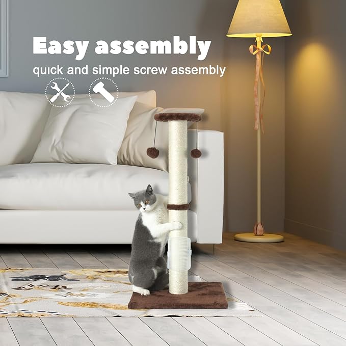 PEEKAB 32" Tall Cat Scratching Post Sisal Rope Scratch Posts with Hanging Ball and Self-Massage Brush Vertical Scratcher for Indoor Cats and Kittens(Brown 32inches) - PAWPICO