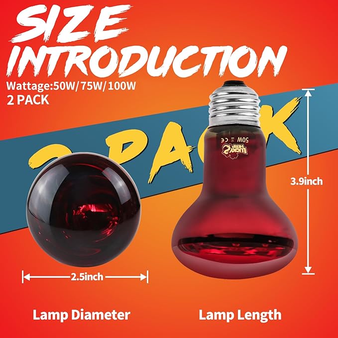 LUCKY HERP Infrared Heat Lamp 50W 2 Pack,Reptile & Amphibian Basking Spot Light Bulbs, Red Heat Lamp Bulbs for Reptiles, Bearded Dragon, Turtle, Lizard, Snake, Chicken LUCKYHERP