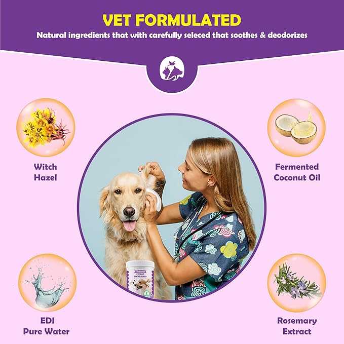 Flintstone Dog Ear Cleaner Finger Wipes – Ultra Big Dog Ear Wipes Gently Remove Ear Wax, Dirt - Ear Wipes for Dogs & Cats Soothes Ear Itching - Mild Coconut Scent - 120 Count Flintstone