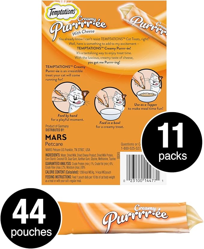 Temptations Creamy Puree with Cheese, Lickable Cat Treats, 0.42oz Pouches, 4 Count (Pack of 11) - Total 44 Count Temptations