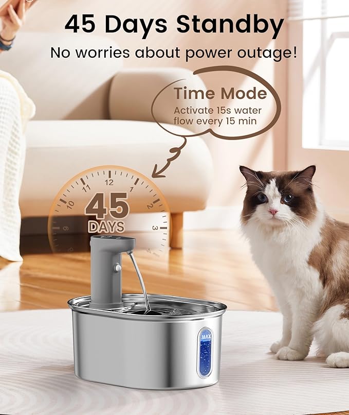 Wireless Cat Water Fountain, 3.5l/108oz Stainless Steel Pet Fountain with Motion Sensor, Ultra-Quiet Battery Operated Cat Fountain with 3 Working Modes, Suitable for Many Pets, (6 Filters + 6Sponge) - PAWPICO