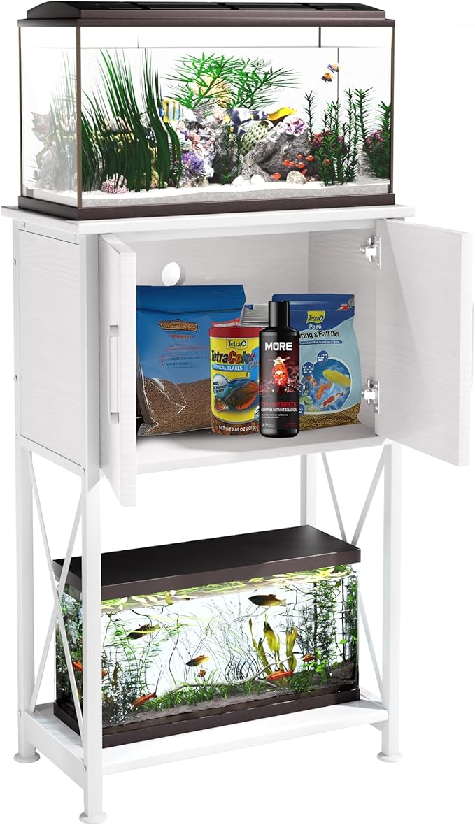 5-10 Gallon Fish Tank Stand, Metal Double Aquarium Stand with Cabinet for Fish Tank Accessories Storage, Heavy Duty 20.5" L* 11.02" W Tabletop, 500LBS Capacity White PG06YGW Herture