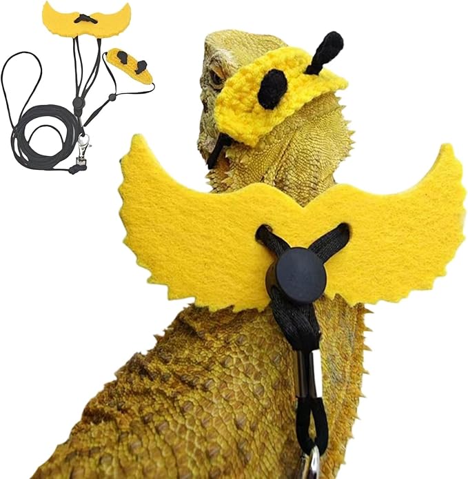 Bearded Dragon Harness and Leash Set - Adjustable Lizard Traction Rope with Wings Knitted Bee Hat Outdoor Walking Leash Escape Proof Reptile Bee Costume Accessories for Lizard Small Pets (Yellow) SEZDEKI