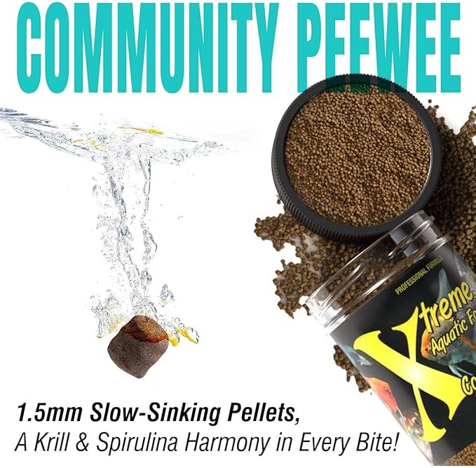 Xtreme Community Peewee 1.5mm Pellets: Slow Sinking & Ideal for Community Fish - Boosts Immune & Digestive Health, Enhances Color & Energy, Max Protein Fish Food – USA Farm Grown (20oz) XtremeAquaticFoods