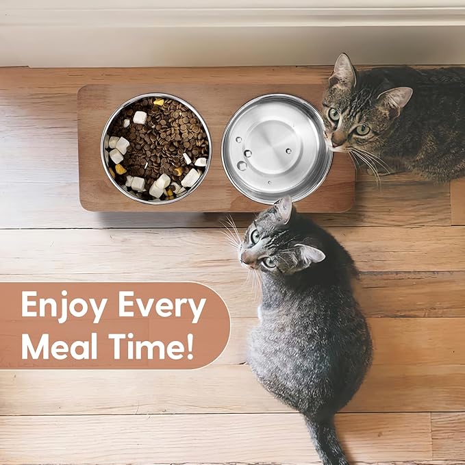 Elevated Cat Bowls, 15° Tilted Raised Cat Food Bowls Wood Pet Bowls with Stand Anti Vomiting 2 Stainless Steel Bowls for Cats and Puppy - PAWPICO