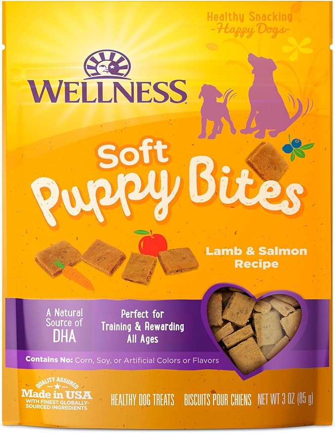 Wellness Soft Puppy Bites Healthy Grain-Free Treats for Training, Dog Treats with Real Meat and DHA, No Artificial Flavors (Lamb & Salmon, 3-Ounce Bag) - PAWPICO