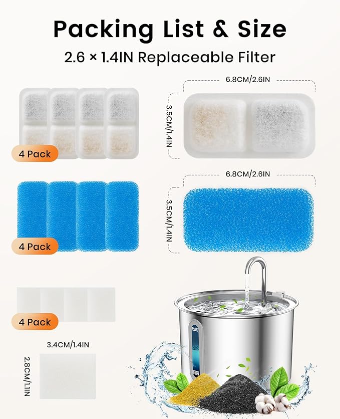 oneisall Cat Water Fountain Filters Replacement, 4 Pack Cat Fountain Filters for 67oz/2L Stainless Steel Cat Fountain Filters, Filters for Cat Water Fountain Easy to Install and Clean - PAWPICO
