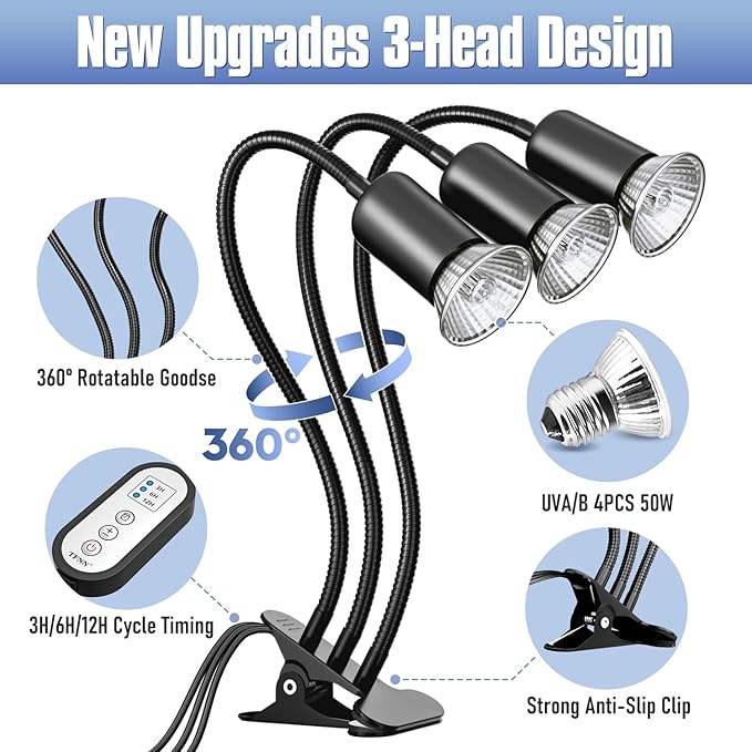 Reptile Heat Lamp, Three Head Reptile Light with Cycle Timer,UVA UVB Light, dimmable Basking lamp for Tortoise, Bearded Dragon, Lizard, Snake, E26/27 Base with 4 Bulbs (50W)-Black TFNN