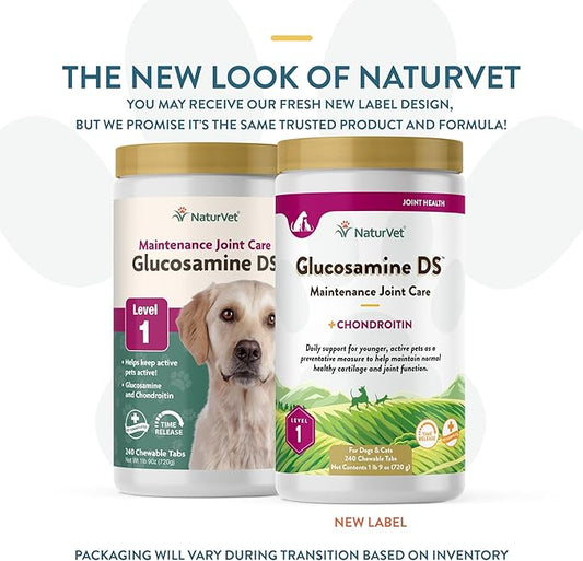 NaturVet – Glucosamine DS - Level 1 Maintenance Care | Preventative Care to Maintain Healthy Cartilage & Joint Function | Enhanced with Glucosamine & Chondroitin | for Dogs & Cats (240 Tablets) NaturVet