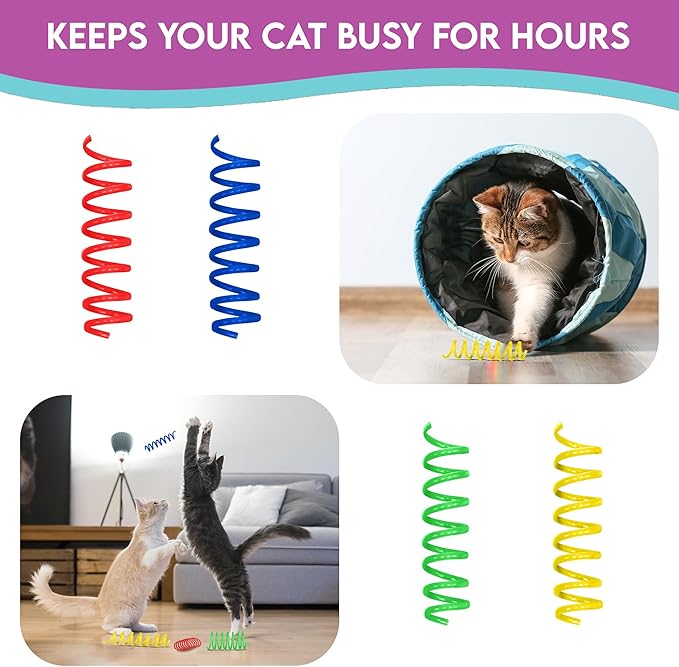 SPOT Thin Colorful Springs Cat Toy - Bouncy Toys for Medium Indoor Cat Breeds to Bite, Swat, Chase - Keeps Cats & Kittens Entertained for Hours - Includes Ten 3” Wide Spiral Springs, Assorted Colors - PAWPICO
