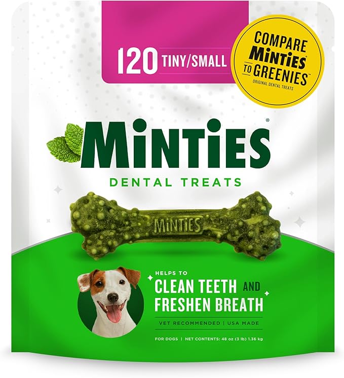 Minties Dental Chews for Dogs, 120 Count, Vet-Recommended Mint-Flavored Dental Treats for Tiny/Small Dogs 5-24 lbs, Dental Bones Clean Teeth, Fight Bad Breath, and Removes Plaque and Tartar Minties